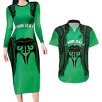 Personalised Moko Kauae New Zealand Couples Matching Long Sleeve Bodycon Dress and Hawaiian Shirt Maori Chin Tattoo Green - Aussie Hoodie