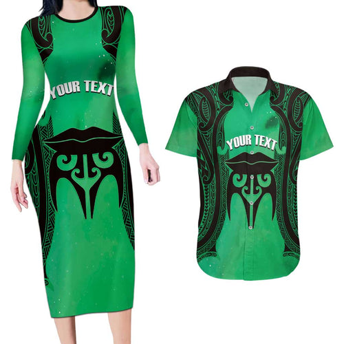 Personalised Moko Kauae New Zealand Couples Matching Long Sleeve Bodycon Dress and Hawaiian Shirt Maori Chin Tattoo Green - Aussie Hoodie