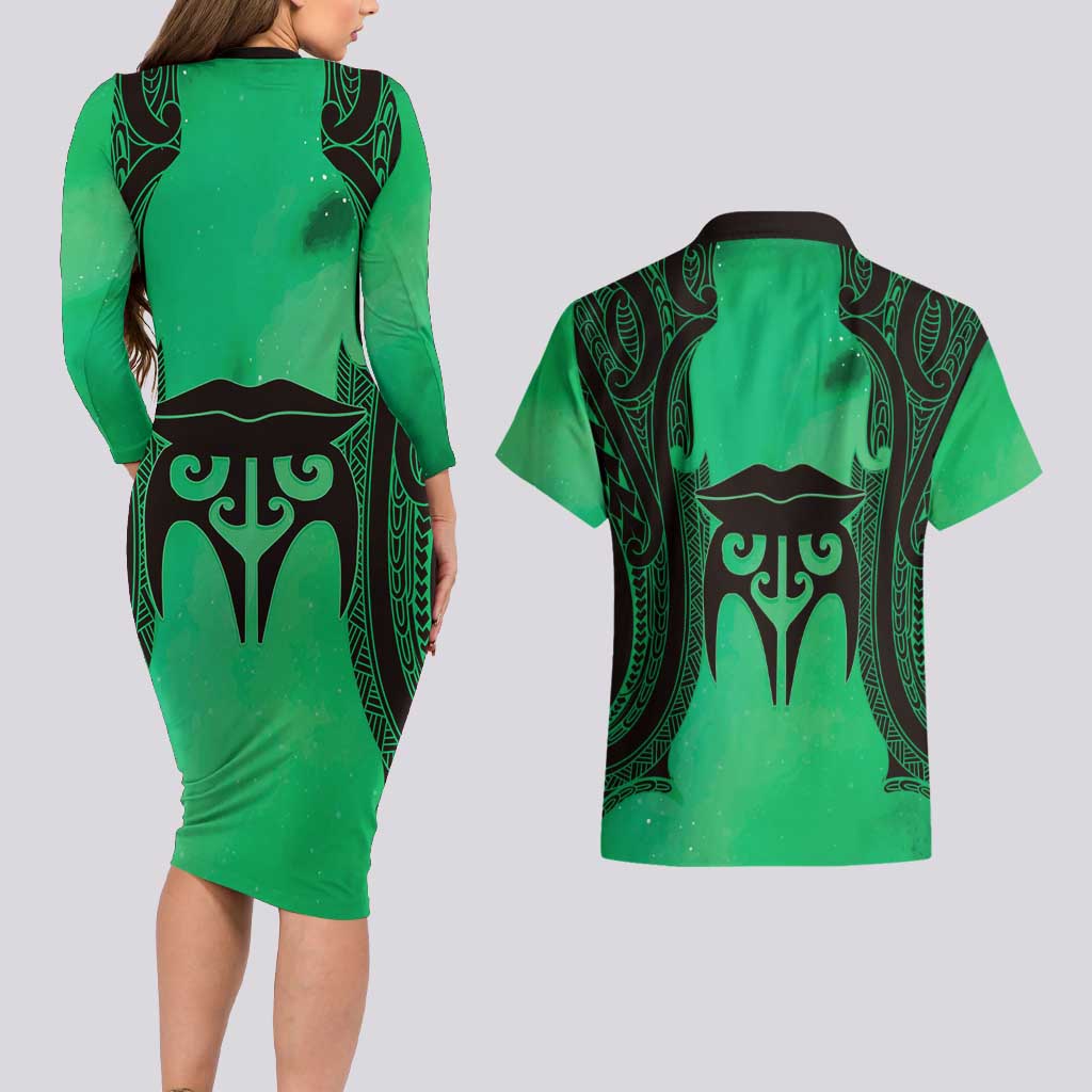 Personalised Moko Kauae New Zealand Couples Matching Long Sleeve Bodycon Dress and Hawaiian Shirt Maori Chin Tattoo Green - Aussie Hoodie
