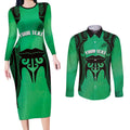 Personalised Moko Kauae New Zealand Couples Matching Long Sleeve Bodycon Dress and Long Sleeve Button Shirt Maori Chin Tattoo Green - Aussie Hoodie