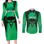 Personalised Moko Kauae New Zealand Couples Matching Long Sleeve Bodycon Dress and Long Sleeve Button Shirt Maori Chin Tattoo Green - Aussie Hoodie