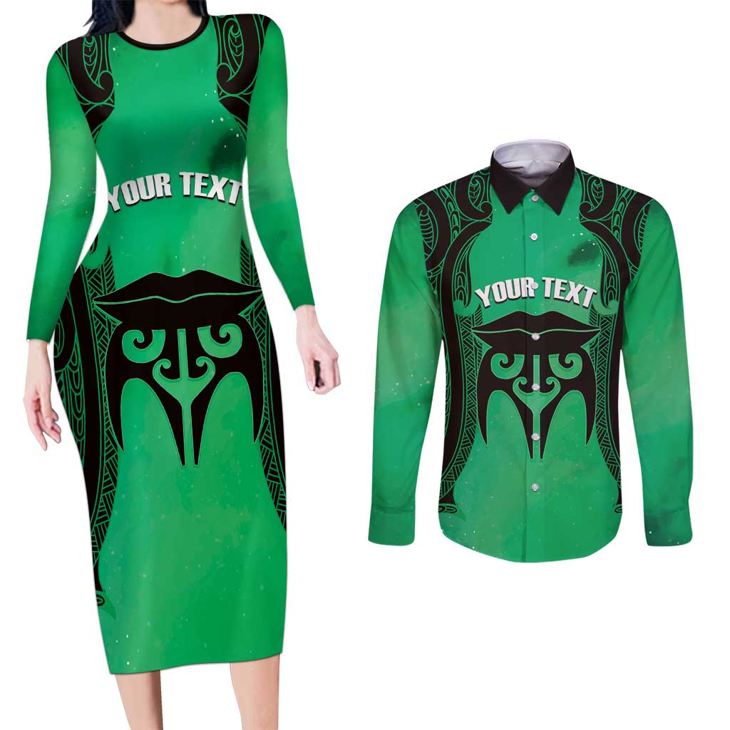 Personalised Moko Kauae New Zealand Couples Matching Long Sleeve Bodycon Dress and Long Sleeve Button Shirt Maori Chin Tattoo Green - Aussie Hoodie