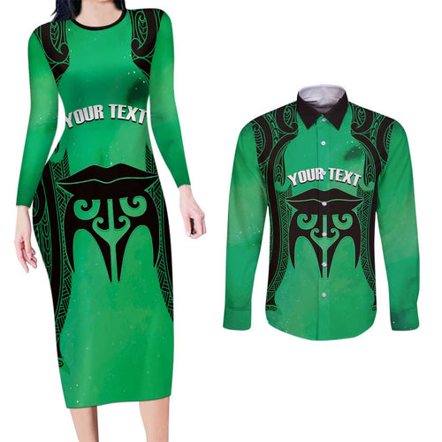 Personalised Moko Kauae New Zealand Couples Matching Long Sleeve Bodycon Dress and Long Sleeve Button Shirt Maori Chin Tattoo Green - Aussie Hoodie