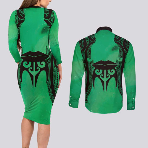 Personalised Moko Kauae New Zealand Couples Matching Long Sleeve Bodycon Dress and Long Sleeve Button Shirt Maori Chin Tattoo Green - Aussie Hoodie