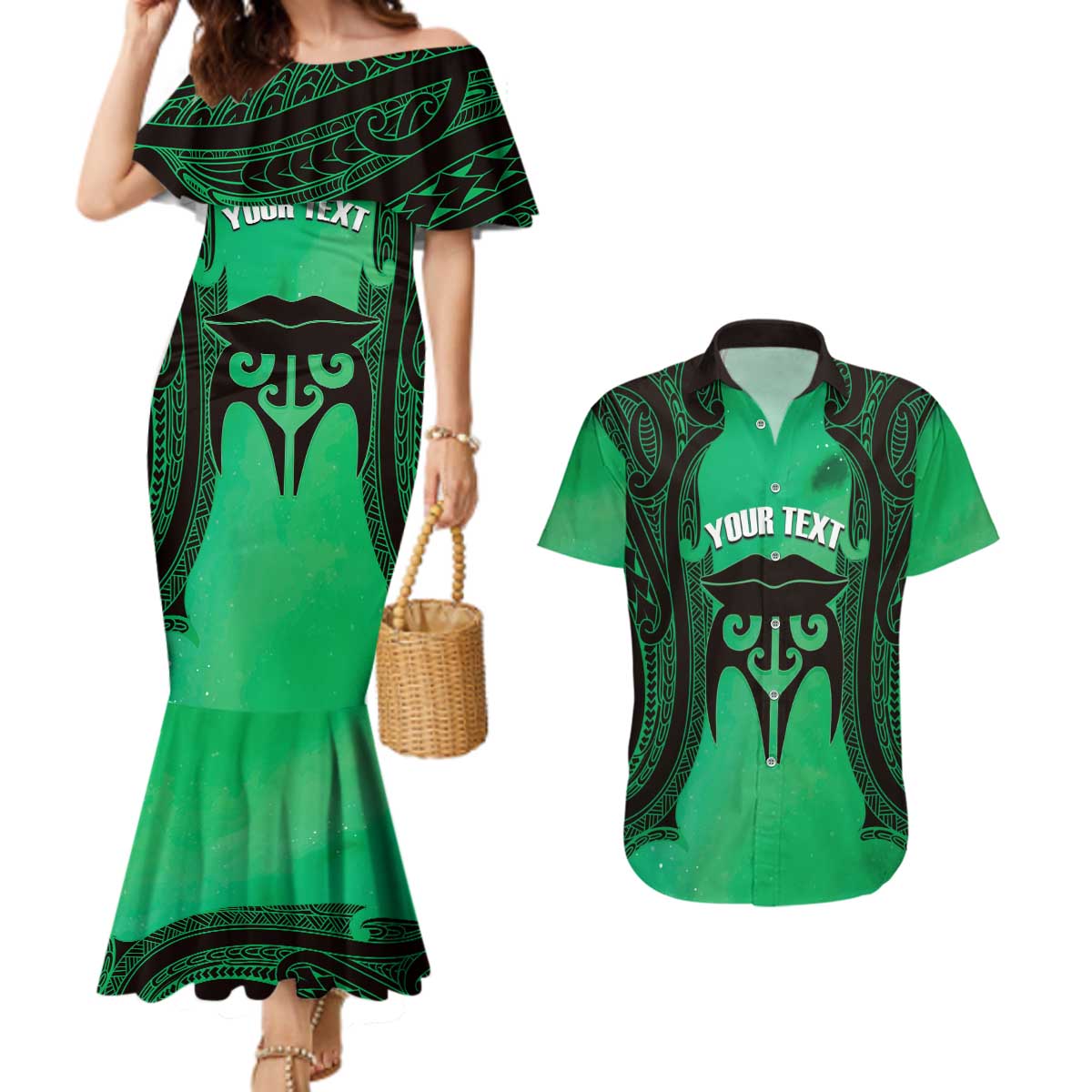 Personalised Moko Kauae New Zealand Couples Matching Mermaid Dress and Hawaiian Shirt Maori Chin Tattoo Green - Aussie Hoodie