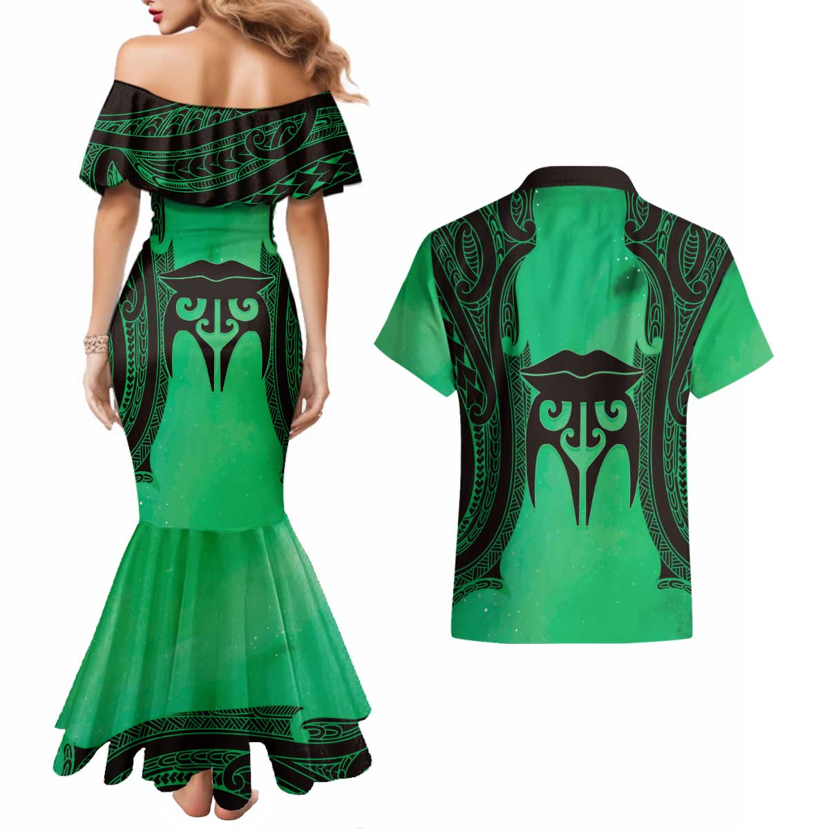 Personalised Moko Kauae New Zealand Couples Matching Mermaid Dress and Hawaiian Shirt Maori Chin Tattoo Green - Aussie Hoodie