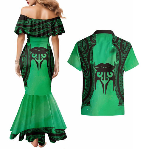 Personalised Moko Kauae New Zealand Couples Matching Mermaid Dress and Hawaiian Shirt Maori Chin Tattoo Green - Aussie Hoodie