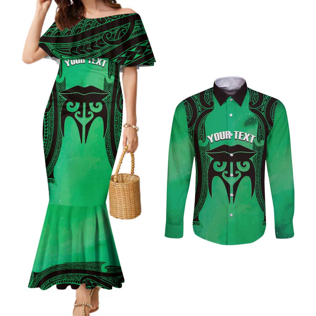 Personalised Moko Kauae New Zealand Couples Matching Mermaid Dress and Long Sleeve Button Shirt Maori Chin Tattoo Green - Aussie Hoodie