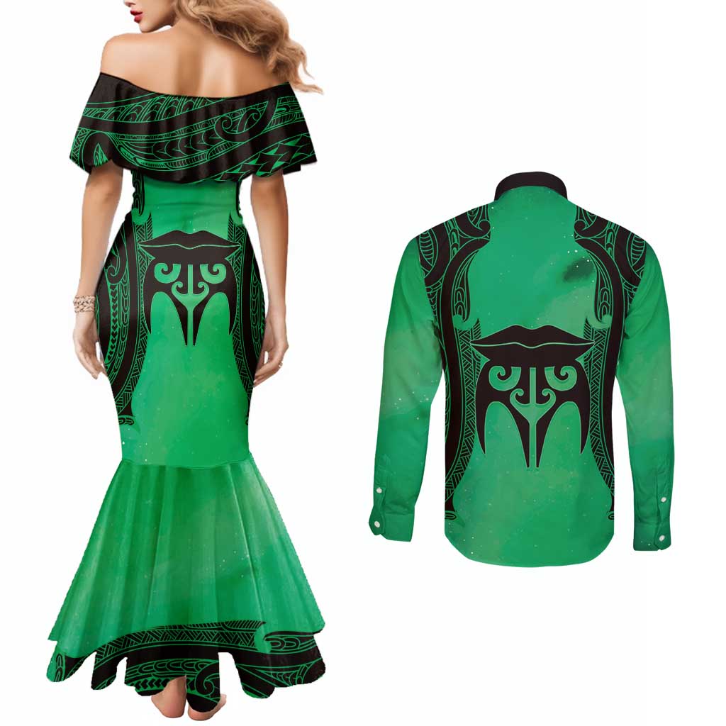 Personalised Moko Kauae New Zealand Couples Matching Mermaid Dress and Long Sleeve Button Shirt Maori Chin Tattoo Green - Aussie Hoodie