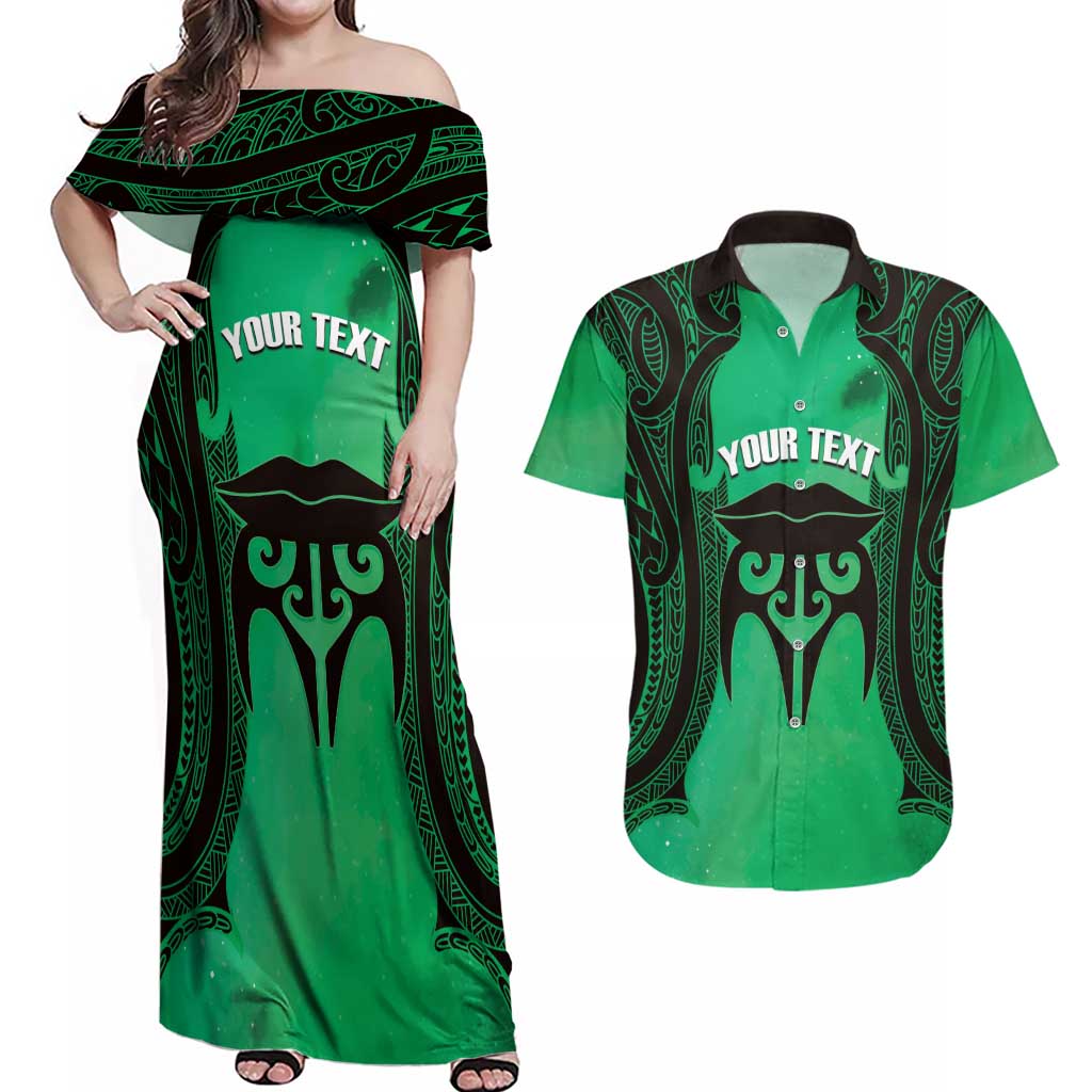 Personalised Moko Kauae New Zealand Couples Matching Off Shoulder Maxi Dress and Hawaiian Shirt Maori Chin Tattoo Green - Aussie Hoodie