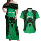 Personalised Moko Kauae New Zealand Couples Matching Off Shoulder Maxi Dress and Hawaiian Shirt Maori Chin Tattoo Green - Aussie Hoodie