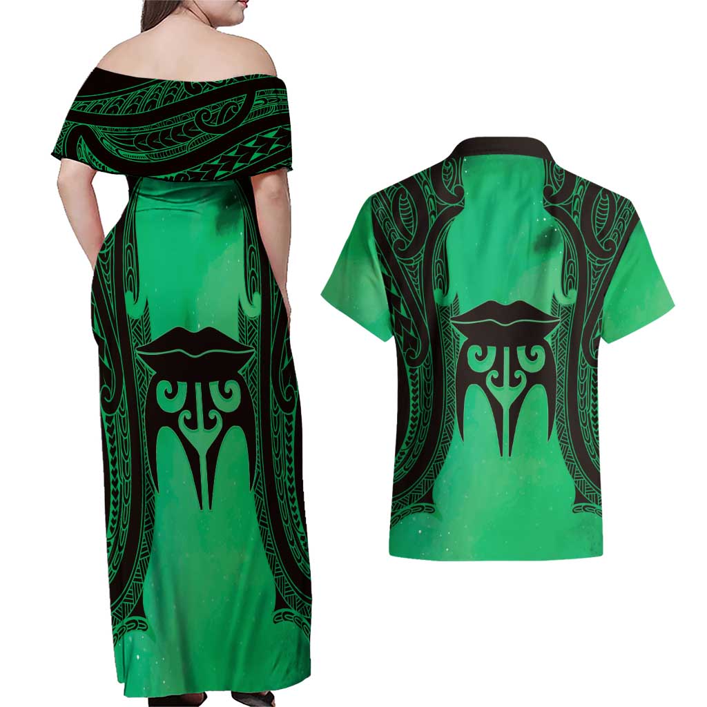 Personalised Moko Kauae New Zealand Couples Matching Off Shoulder Maxi Dress and Hawaiian Shirt Maori Chin Tattoo Green - Aussie Hoodie