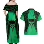 Personalised Moko Kauae New Zealand Couples Matching Off Shoulder Maxi Dress and Hawaiian Shirt Maori Chin Tattoo Green - Aussie Hoodie