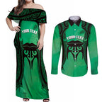 Personalised Moko Kauae New Zealand Couples Matching Off Shoulder Maxi Dress and Long Sleeve Button Shirt Maori Chin Tattoo Green - Aussie Hoodie