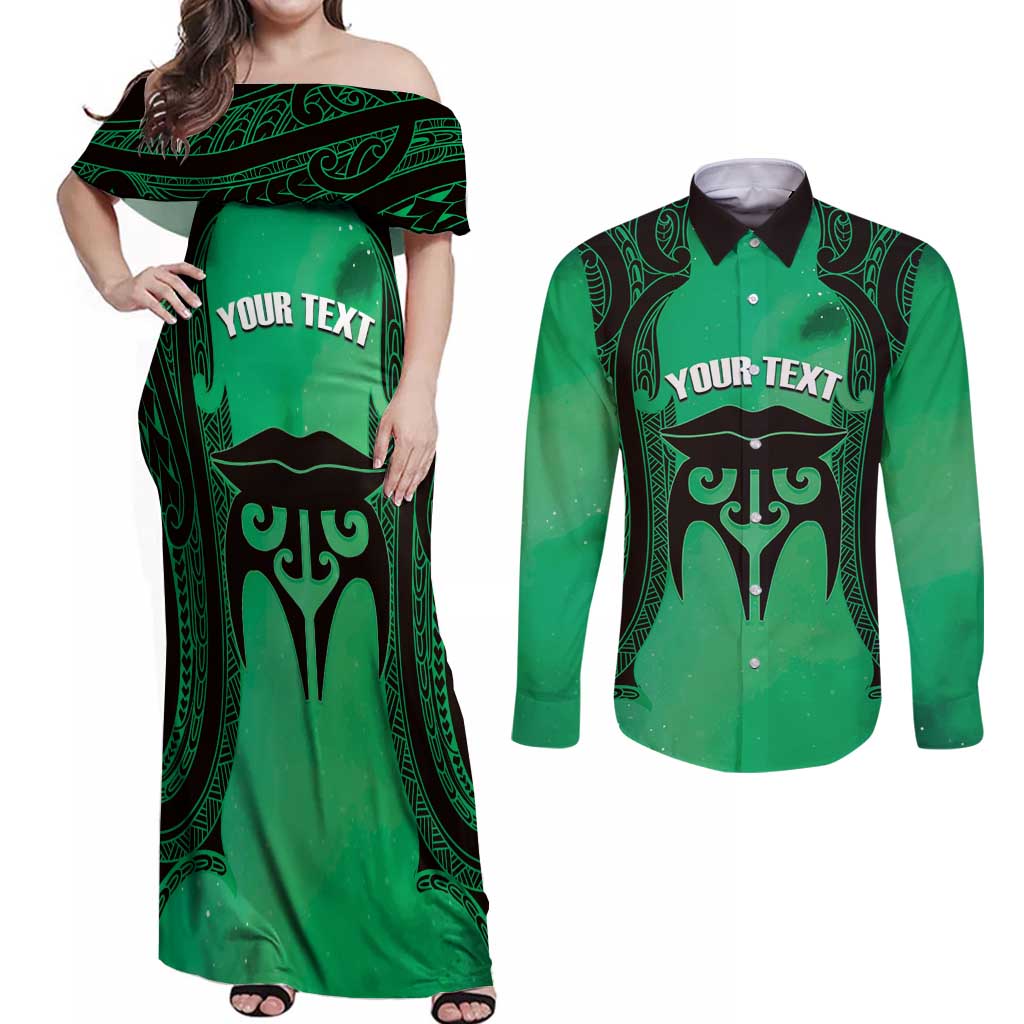 Personalised Moko Kauae New Zealand Couples Matching Off Shoulder Maxi Dress and Long Sleeve Button Shirt Maori Chin Tattoo Green - Aussie Hoodie