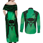Personalised Moko Kauae New Zealand Couples Matching Off Shoulder Maxi Dress and Long Sleeve Button Shirt Maori Chin Tattoo Green - Aussie Hoodie