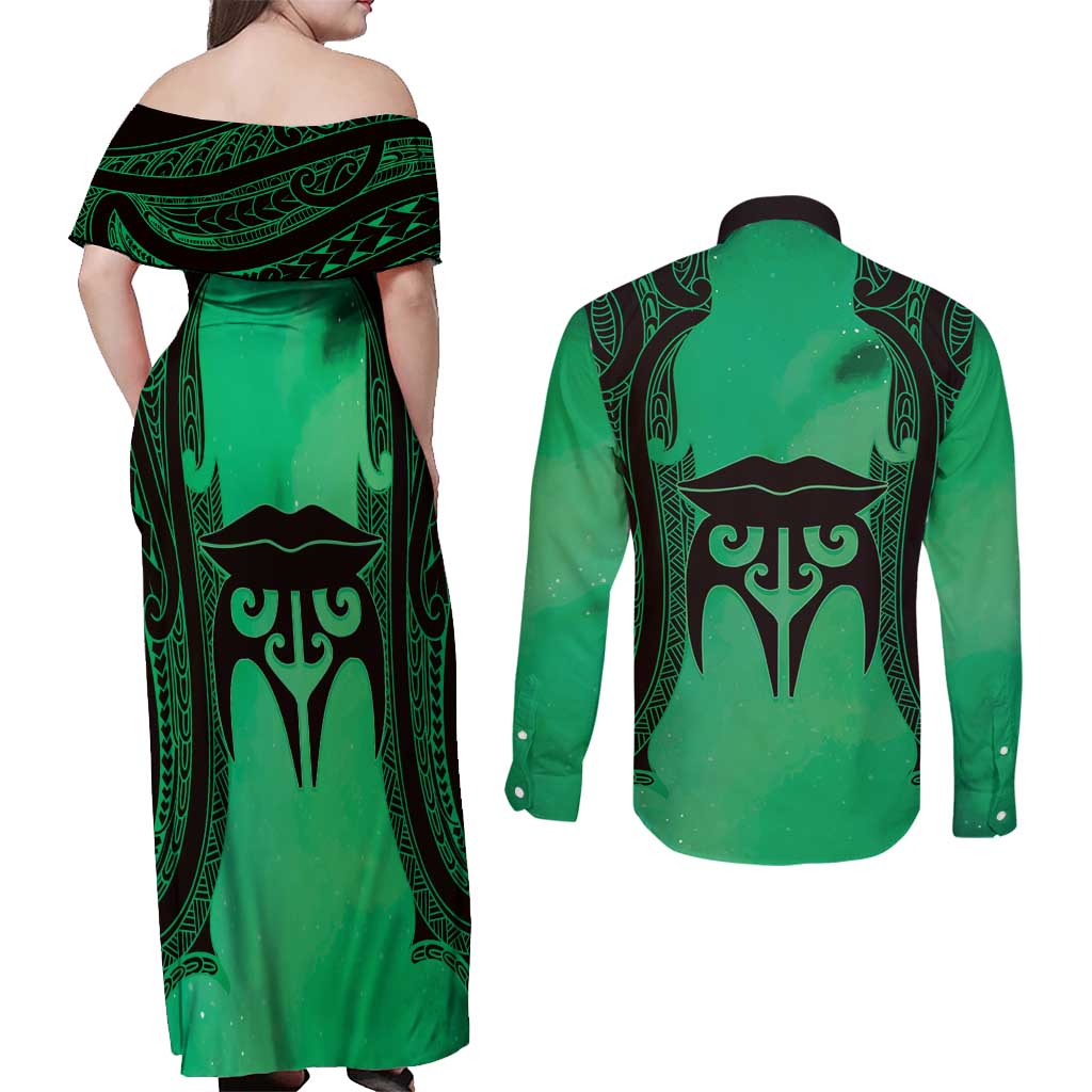 Personalised Moko Kauae New Zealand Couples Matching Off Shoulder Maxi Dress and Long Sleeve Button Shirt Maori Chin Tattoo Green - Aussie Hoodie