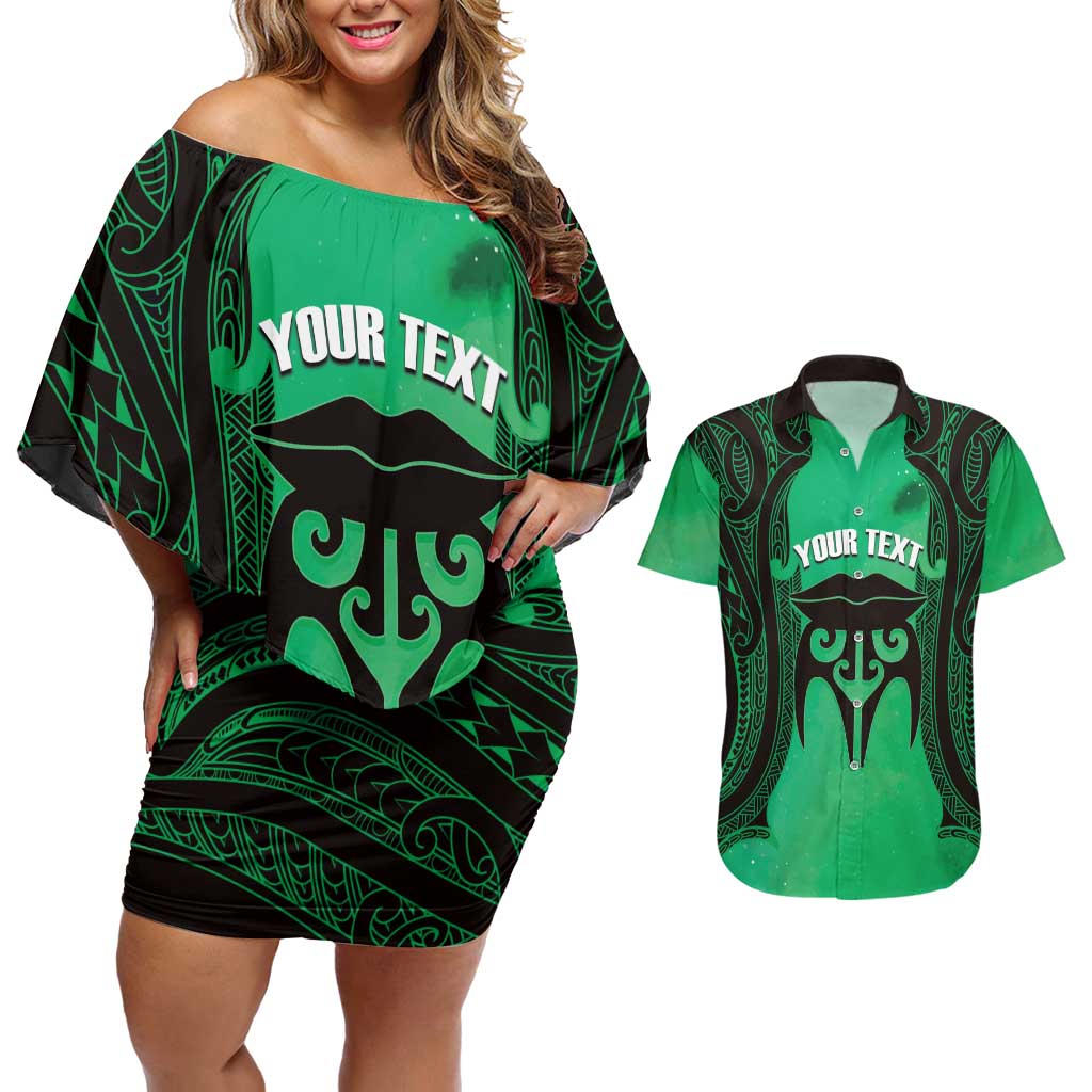 Personalised Moko Kauae New Zealand Couples Matching Off Shoulder Short Dress and Hawaiian Shirt Maori Chin Tattoo Green - Aussie Hoodie