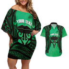 Personalised Moko Kauae New Zealand Couples Matching Off Shoulder Short Dress and Hawaiian Shirt Maori Chin Tattoo Green - Aussie Hoodie