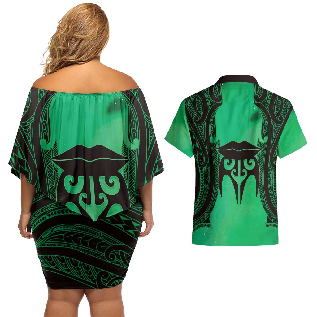 Personalised Moko Kauae New Zealand Couples Matching Off Shoulder Short Dress and Hawaiian Shirt Maori Chin Tattoo Green - Aussie Hoodie