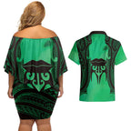 Personalised Moko Kauae New Zealand Couples Matching Off Shoulder Short Dress and Hawaiian Shirt Maori Chin Tattoo Green - Aussie Hoodie
