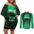 Personalised Moko Kauae New Zealand Couples Matching Off Shoulder Short Dress and Long Sleeve Button Shirt Maori Chin Tattoo Green - Aussie Hoodie