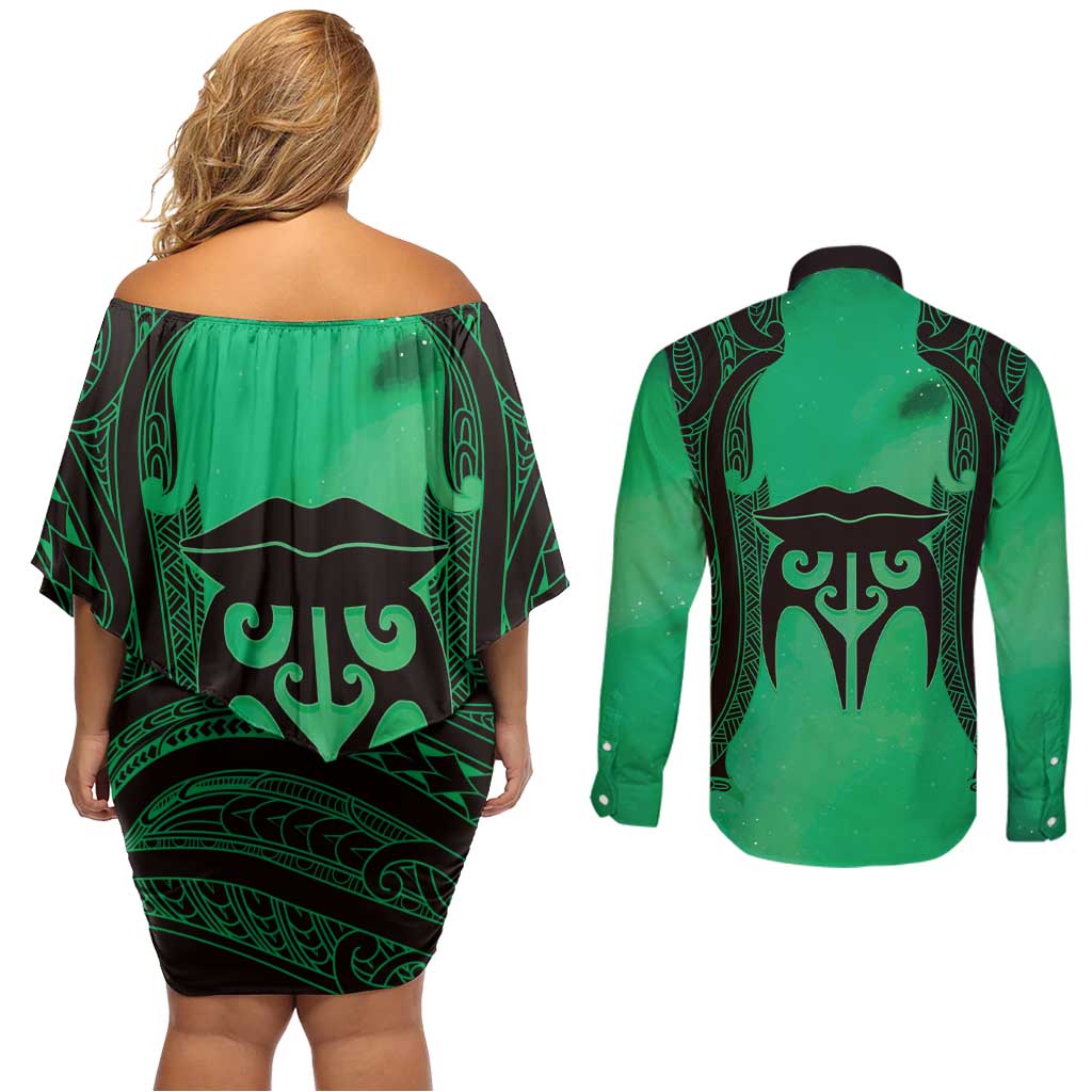 Personalised Moko Kauae New Zealand Couples Matching Off Shoulder Short Dress and Long Sleeve Button Shirt Maori Chin Tattoo Green - Aussie Hoodie