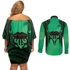 Personalised Moko Kauae New Zealand Couples Matching Off Shoulder Short Dress and Long Sleeve Button Shirt Maori Chin Tattoo Green - Aussie Hoodie