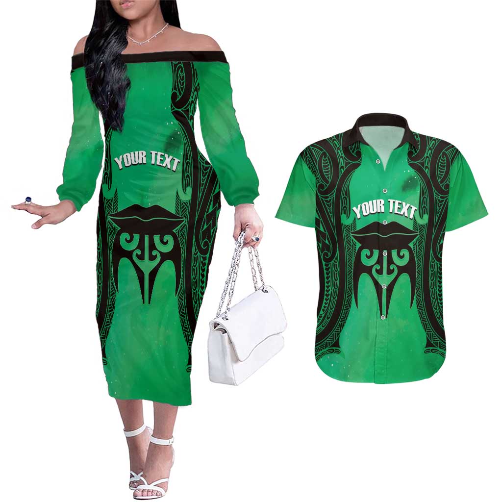 Personalised Moko Kauae New Zealand Couples Matching Off The Shoulder Long Sleeve Dress and Hawaiian Shirt Maori Chin Tattoo Green - Aussie Hoodie