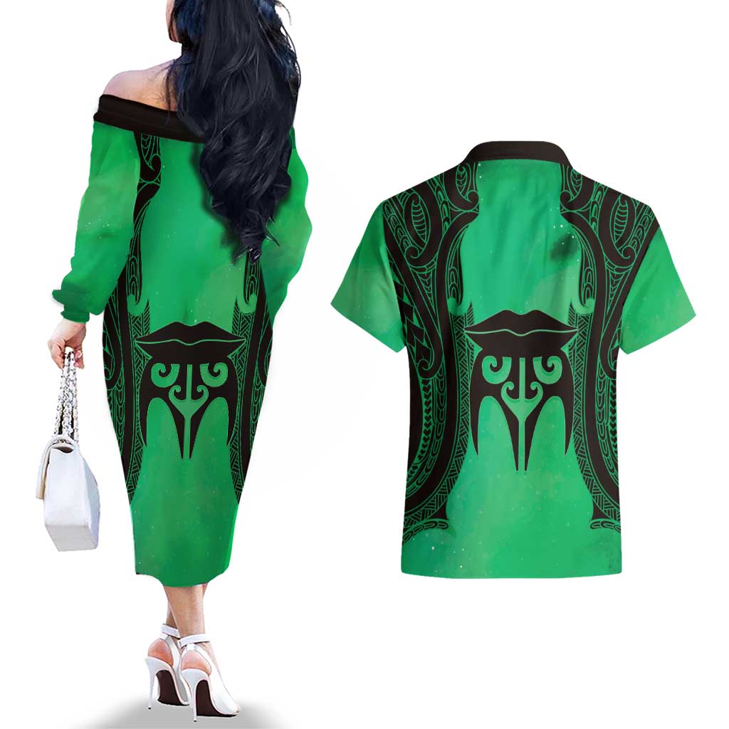 Personalised Moko Kauae New Zealand Couples Matching Off The Shoulder Long Sleeve Dress and Hawaiian Shirt Maori Chin Tattoo Green - Aussie Hoodie