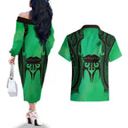 Personalised Moko Kauae New Zealand Couples Matching Off The Shoulder Long Sleeve Dress and Hawaiian Shirt Maori Chin Tattoo Green - Aussie Hoodie