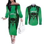 Personalised Moko Kauae New Zealand Couples Matching Off The Shoulder Long Sleeve Dress and Long Sleeve Button Shirt Maori Chin Tattoo Green - Aussie Hoodie