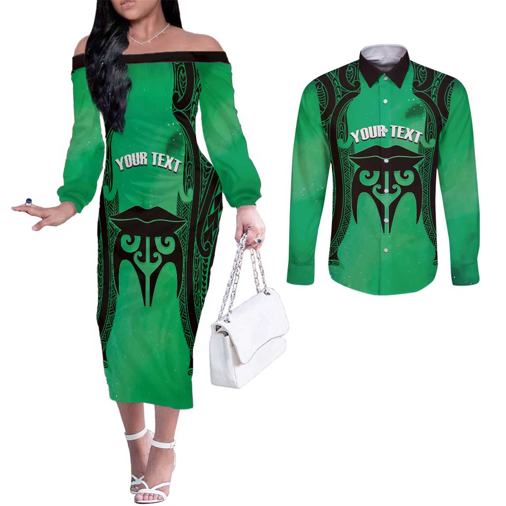 Personalised Moko Kauae New Zealand Couples Matching Off The Shoulder Long Sleeve Dress and Long Sleeve Button Shirt Maori Chin Tattoo Green - Aussie Hoodie