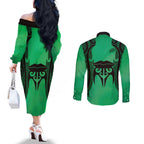 Personalised Moko Kauae New Zealand Couples Matching Off The Shoulder Long Sleeve Dress and Long Sleeve Button Shirt Maori Chin Tattoo Green - Aussie Hoodie