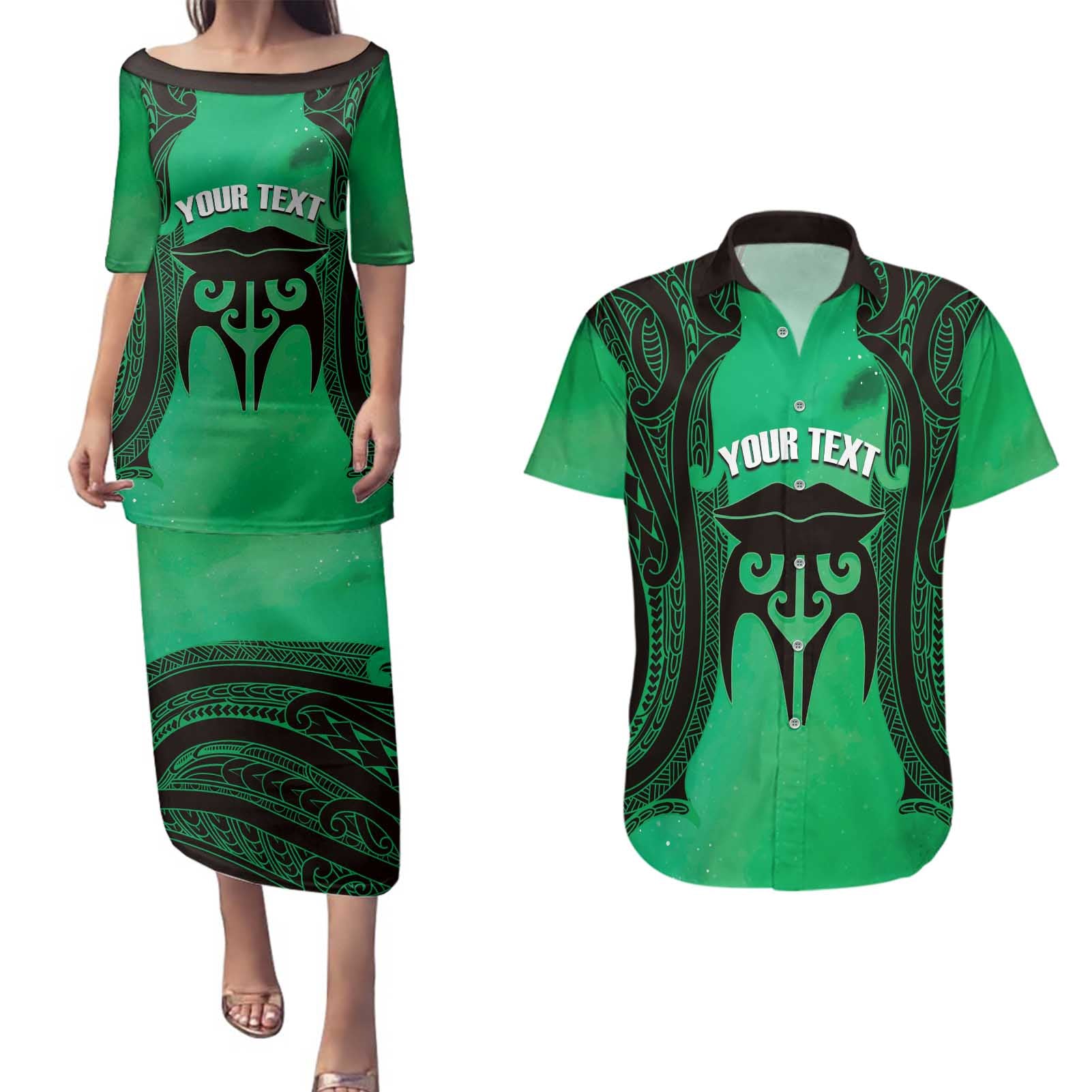 Personalised Moko Kauae New Zealand Couples Matching Puletasi and Hawaiian Shirt Maori Chin Tattoo Green - Aussie Hoodie