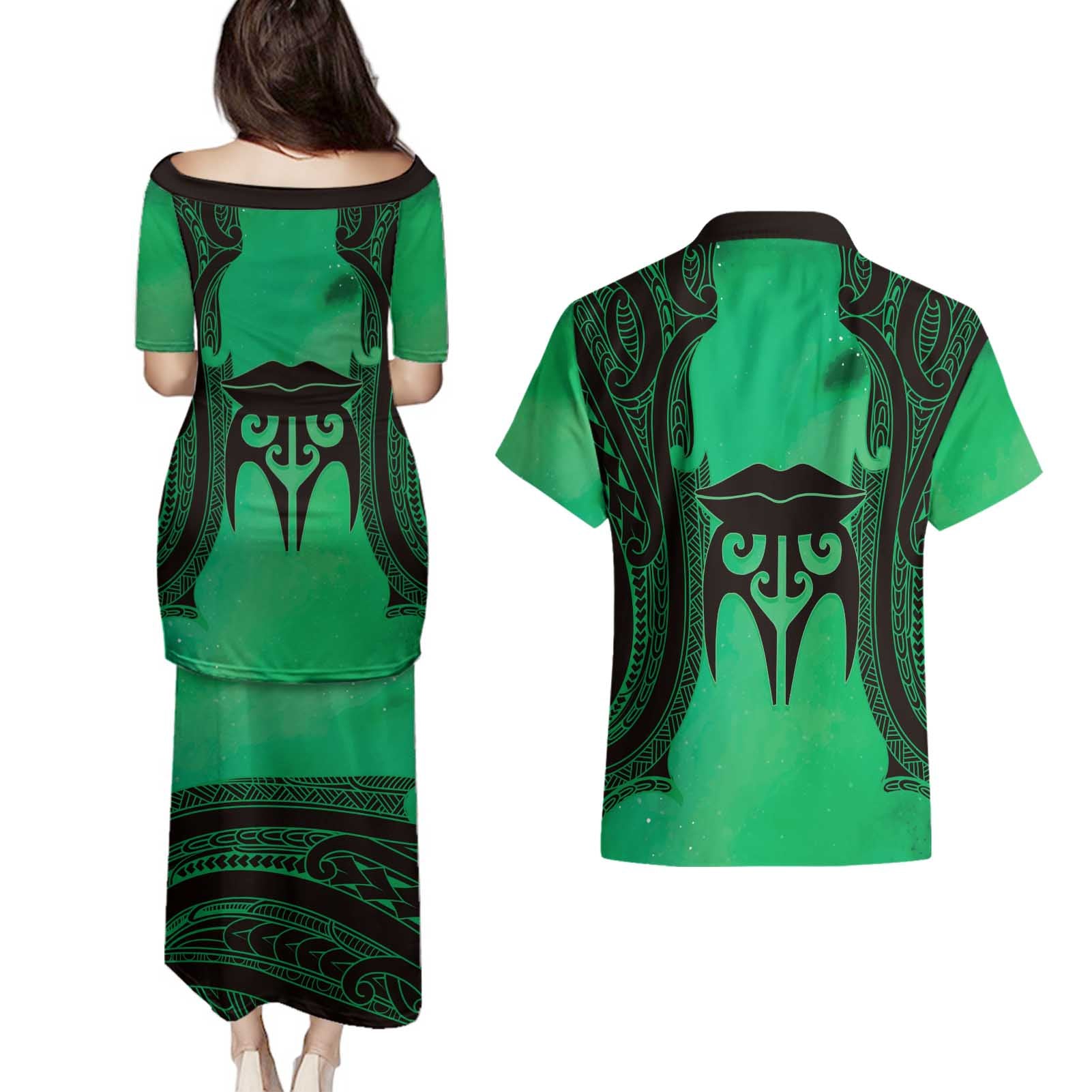 Personalised Moko Kauae New Zealand Couples Matching Puletasi and Hawaiian Shirt Maori Chin Tattoo Green - Aussie Hoodie