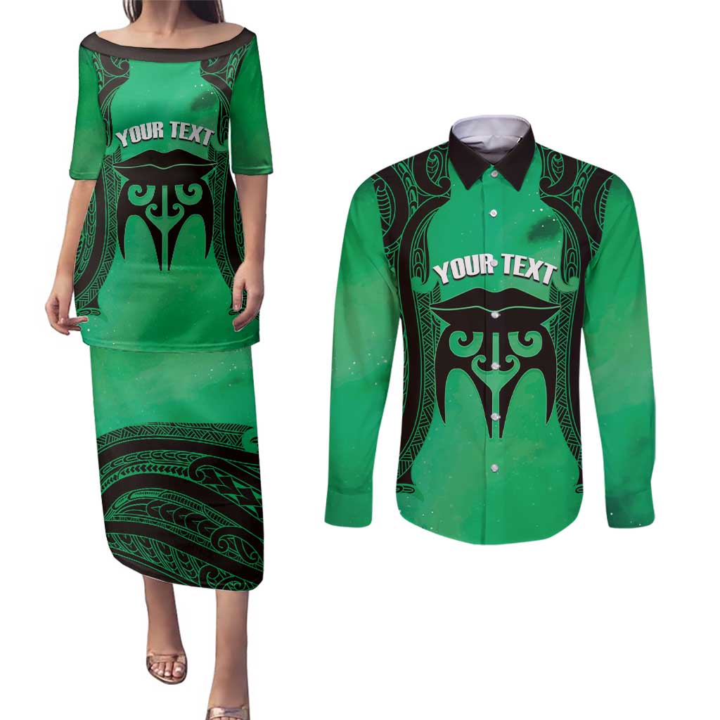 Personalised Moko Kauae New Zealand Couples Matching Puletasi and Long Sleeve Button Shirt Maori Chin Tattoo Green - Aussie Hoodie
