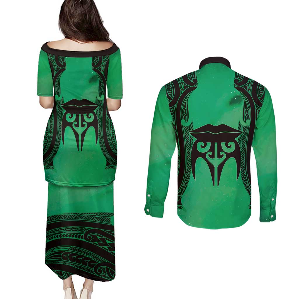 Personalised Moko Kauae New Zealand Couples Matching Puletasi and Long Sleeve Button Shirt Maori Chin Tattoo Green - Aussie Hoodie