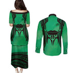 Personalised Moko Kauae New Zealand Couples Matching Puletasi and Long Sleeve Button Shirt Maori Chin Tattoo Green - Aussie Hoodie