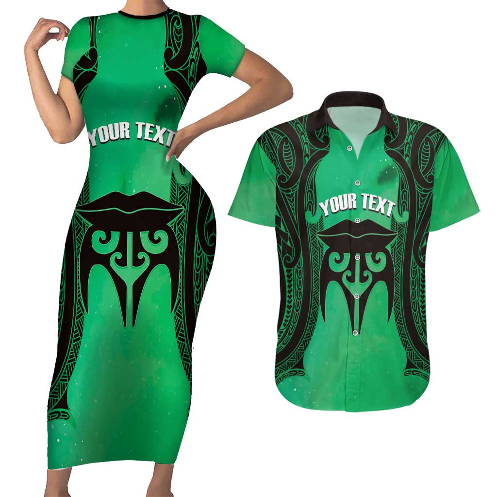 Personalised Moko Kauae New Zealand Couples Matching Short Sleeve Bodycon Dress and Hawaiian Shirt Maori Chin Tattoo Green - Aussie Hoodie
