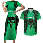 Personalised Moko Kauae New Zealand Couples Matching Short Sleeve Bodycon Dress and Hawaiian Shirt Maori Chin Tattoo Green - Aussie Hoodie