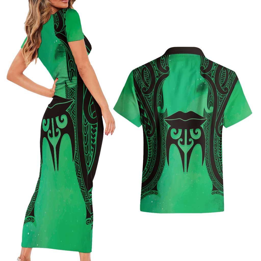 Personalised Moko Kauae New Zealand Couples Matching Short Sleeve Bodycon Dress and Hawaiian Shirt Maori Chin Tattoo Green - Aussie Hoodie
