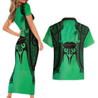 Personalised Moko Kauae New Zealand Couples Matching Short Sleeve Bodycon Dress and Hawaiian Shirt Maori Chin Tattoo Green - Aussie Hoodie
