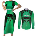 Personalised Moko Kauae New Zealand Couples Matching Short Sleeve Bodycon Dress and Long Sleeve Button Shirt Maori Chin Tattoo Green - Aussie Hoodie
