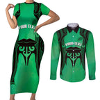 Personalised Moko Kauae New Zealand Couples Matching Short Sleeve Bodycon Dress and Long Sleeve Button Shirt Maori Chin Tattoo Green - Aussie Hoodie
