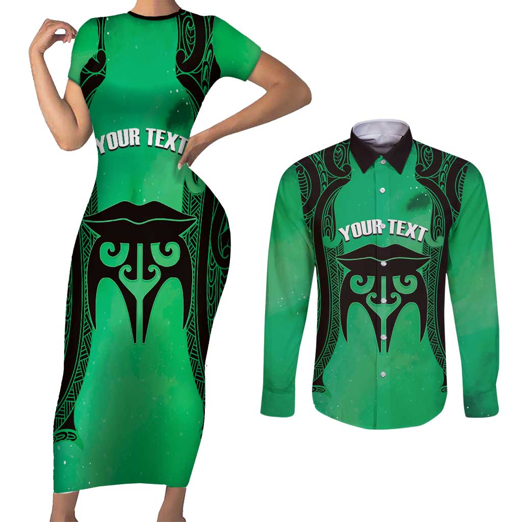 Personalised Moko Kauae New Zealand Couples Matching Short Sleeve Bodycon Dress and Long Sleeve Button Shirt Maori Chin Tattoo Green - Aussie Hoodie