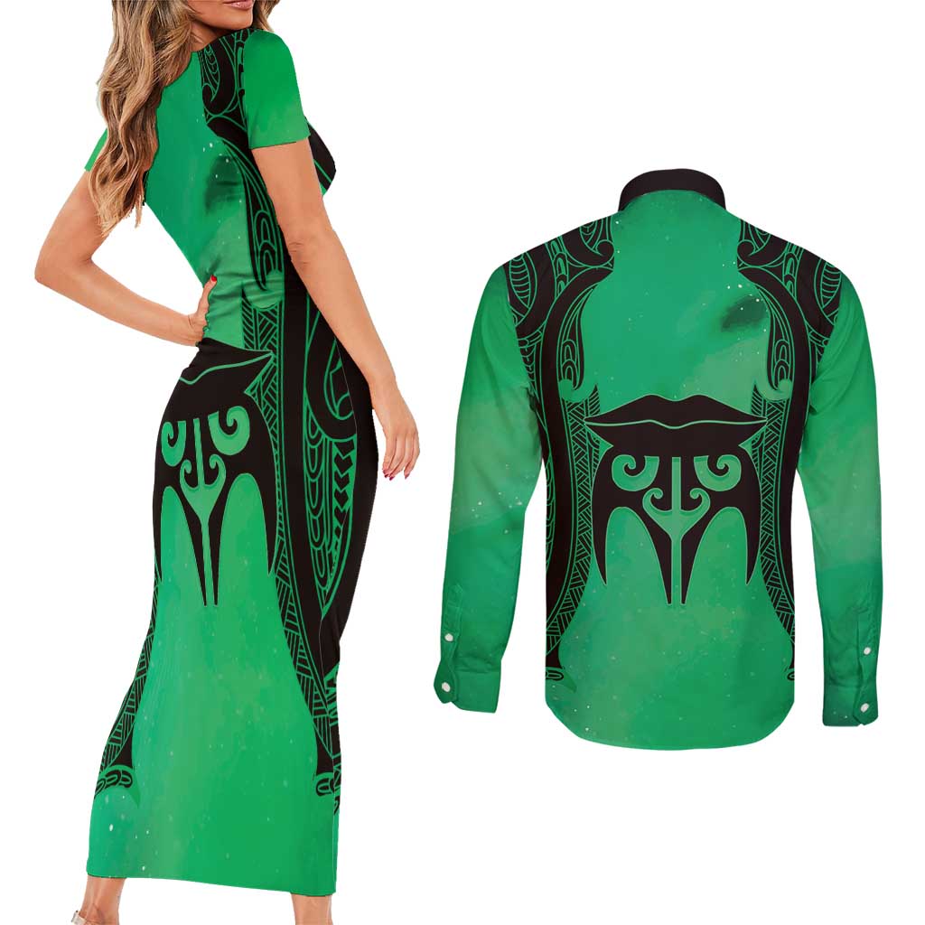 Personalised Moko Kauae New Zealand Couples Matching Short Sleeve Bodycon Dress and Long Sleeve Button Shirt Maori Chin Tattoo Green - Aussie Hoodie