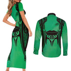 Personalised Moko Kauae New Zealand Couples Matching Short Sleeve Bodycon Dress and Long Sleeve Button Shirt Maori Chin Tattoo Green - Aussie Hoodie