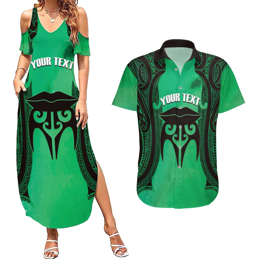 Personalised Moko Kauae New Zealand Couples Matching Summer Maxi Dress and Hawaiian Shirt Maori Chin Tattoo Green - Aussie Hoodie