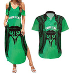 Personalised Moko Kauae New Zealand Couples Matching Summer Maxi Dress and Hawaiian Shirt Maori Chin Tattoo Green - Aussie Hoodie